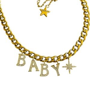 Dalmata D Stainless Steel Baby Necklace Cuban Chain Gold Tone Rhinestone 22"